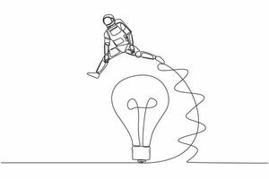 Single one line drawing young astronaut jumping over big light bulb. Innovation transformation technology in space company. Cosmic galaxy space. Continuous line draw graphic design vector illustration