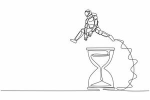 Single one line drawing young astronaut jumping over hourglass. Business spaceship company scheduling and time management. Cosmic galaxy space. Continuous line draw graphic design vector illustration