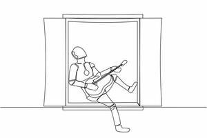 Single one line drawing robot sitting on windowsill playing guitar and sing song. Relaxation, comfort, romantic. Modern robotic artificial intelligence. Continuous line draw design vector illustration