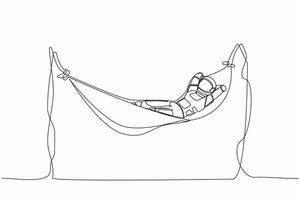 Continuous one line drawing of happy astronaut lying and sleeping in hammock. Vacation and recreation after space expedition. Cosmonaut outer space. Single line draw graphic design vector illustration