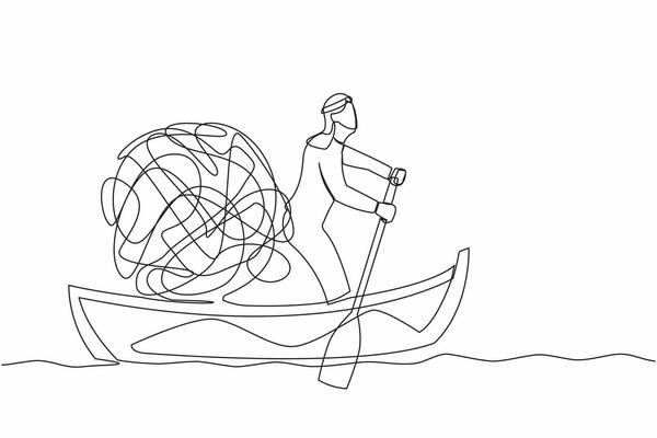 Continuous one line drawing Arab businessman sailing away on boat with messy line. Stressed office worker escape from chaotic or anxiety minded. Mental health. Single line design vector illustration
