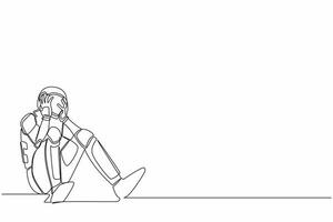 Single continuous line drawing of astronaut sitting on the floor with holding his head. Feeling sad due to spacewalk project failure. Cosmonaut deep space. One line graphic design vector illustration