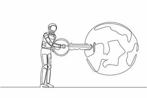 Single continuous line drawing of astronaut putting key into globe. Travel or explore earth above atmosphere. Research planet orbital. Cosmonaut deep space. One line design vector graphic illustration