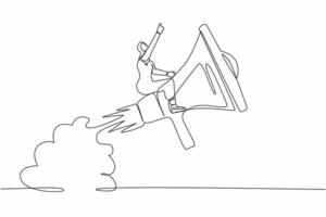 Single continuous line drawing Arab businesswoman riding megaphone rocket flying in the sky. Storytelling with precise message. Soft skill to communicate. One line graphic design vector illustration