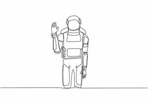 Single continuous line drawing young astronaut standing with palm as stop signal, stay, hold, rejection gesture. Cosmonaut deep space concept. Dynamic one line draw graphic design vector illustration