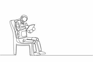 Continuous one line drawing young astronaut sitting on chair and writing on clipboard. Spaceship exploration plan strategy. Cosmonaut outer space. Single line draw graphic design vector illustration