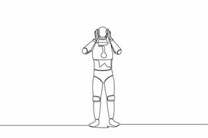 soltero continuo línea dibujo estresado robot con dolor de cabeza, manos en su cabeza, migraña, salud problemas, dolor cabeza. artificial inteligencia máquina aprendiendo. uno línea dibujar diseño vector ilustración