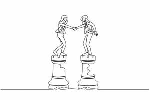 Continuous one line drawing businesswoman leader shaking hand on rook chess, metaphor of agreement. Collaboration strategy to success together concept. Single line design vector graphic illustration