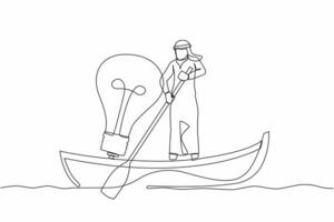 Continuous one line drawing Arab businessman sailing away on boat with light bulb. Success business idea, vision, and innovation for better company. Single line draw design vector graphic illustration