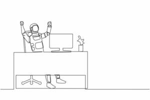 Single one line drawing happy astronaut sitting with raised hands near desk computer. Successful launch spaceship rocket. Cosmic galaxy space. Continuous line draw graphic design vector illustration