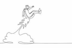 Single continuous line drawing active Arab businessman riding office chair rocket flying in the sky. Boost career development, job promoted to higher position. One line draw design vector illustration