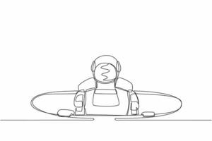 Single continuous line drawing young astronaut emerges from hole. Failure to take advantage of space expedition opportunities. Cosmonaut deep space concept. One line graphic design vector illustration