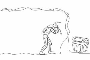 Continuous one line drawing young astronaut digging with pickaxe in moon cave. Looking for treasure chest in underground tunnel. Cosmonaut outer space. Single line graphic design vector illustration