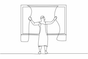 Single one line drawing happy Arab man opening window curtains. Wake up and open curtains in morning to get fresh air. Young male standing at windows. Continuous line draw design vector illustration