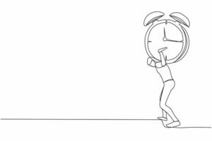 Continuous one line drawing exhausted businessman carrying heavy alarm clock on his back. Stressed worker with work pressure, business goals achievement. Single line graphic design vector illustration