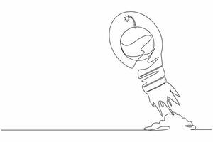 Continuous one line drawing bomb launching with light bulb. Anticipation economic or financial crisis in startup business. Boosting ideas planning strategy. Single line draw design vector illustration