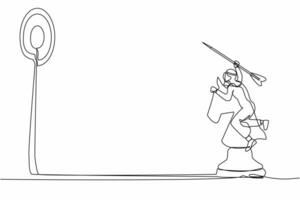 Continuous one line drawing accuracy Arab businessman holding dart arrow and aiming target while riding horse chess piece. Success manager achievement. Single line design vector graphic illustration