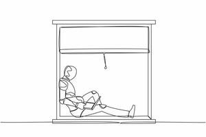 Continuous one line drawing robot freelancer sitting on windowsill, working using laptop. Remote work from home. Humanoid robot organism. Future robotic. Single line graphic design vector illustration