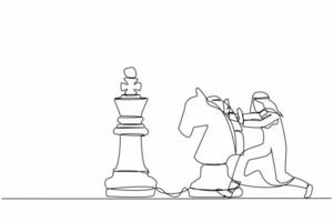 Single one line drawing Arabian businessman push huge horse chess piece to beat king. Strategic thinking and smart move in business play game. Continuous line draw design graphic vector illustration