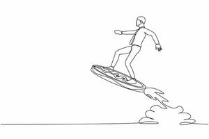 Single continuous line drawing businessman riding dollar coin rocket flying in the sky. Financial boost concept, business opportunity to success with competitors. One line design vector illustration