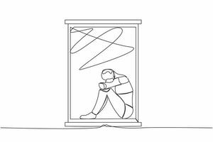 Single one line drawing of frustrated robot sitting on windowsill. Depression, stress, despair, tech problem. Modern robotic artificial intelligence. Continuous line design graphic vector illustration