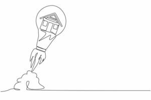 Single continuous line drawing house launching with light bulb. New business property innovation. Digitalization credit mortgage banking ideas. Dynamic one line draw graphic design vector illustration