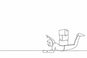 Single continuous line drawing depressed businessman under heavy pile of box burden. Overworked man with stacks of cardboard. Stress at work. Bureaucracy. One line graphic design vector illustration