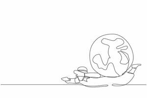 Single continuous line drawing Arab businessman under heavy globe burden. Natural resources, earth exploitation, industrial pollution. World economic crisis. One line draw design vector illustration