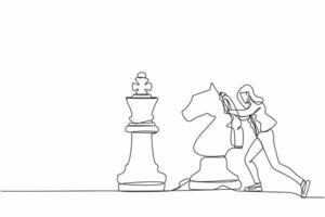 Single one line drawing happy businesswoman push huge horse chess piece to beat king. Strategic thinking and smart move in business play game. Continuous line draw design graphic vector illustration