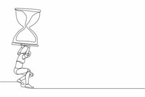 Single continuous line drawing of tired robot carrying heavy hourglass on his back. Robot with deadline problem operation. Robotic artificial intelligence. One line graphic design vector illustration