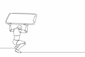 Continuous one line drawing tired robot carrying heavy smartphone on his back. Frustration due to overworked in tech industry. Robotic artificial intelligence. Single line design vector illustration