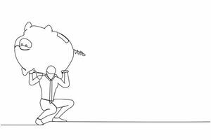Single continuous line drawing exhausted businessman carrying heavy piggy bank on his back. Manager with financial problems. Losing money in economic crisis. One line draw design vector illustration