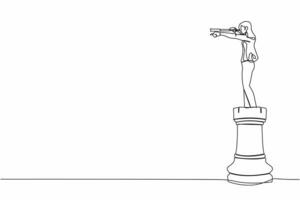 Single one line drawing of businesswoman on top of rook chess piece pointing and using telescope looking for success, opportunities. Successful business strategy. Continuous line graphic design vector