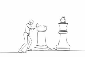 Single one line drawing competitive businessman push huge rook chess piece to beat king. Business strategy and marketing plan. Strategic move. Continuous line draw design graphic vector illustration