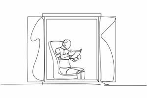 Continuous one line drawing robot sitting in chair and reading book. Sitting in armchair near window in living room. Humanoid robot cybernetic organism. Single line graphic design vector illustration