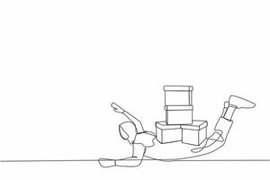 Continuous one line drawing Arab businesswoman under heavy pile of box burden. Overworked man with stacks of cardboard. Stress at work. Bureaucracy. Single line draw design vector graphic illustration