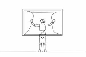 Single continuous line drawing robot opening window curtains. Wake up and open curtain in morning to get fresh air. Future technology. Artificial intelligence. One line draw design vector illustration