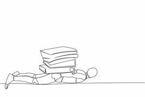 Single one line drawing stress robot under heavy pile paper folder burden. Tired robot cannot cope with amount of work. Robotic artificial intelligence. Continuous line draw design vector illustration