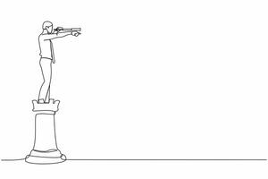 Continuous one line drawing businessman on top of rook chess piece pointing and using telescope looking for success, opportunities. Successful business strategy concept. Single line draw design vector