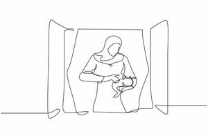 Single one line drawing Arab woman holding cat and looking through window. Stay home and play with her pet. Stay safe during pandemic. Coronavirus. Continuous line design graphic vector illustration