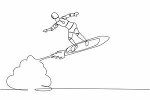 soltero continuo línea dibujo robot montando surf tablero cohete volador en el cielo. futuro tecnología desarrollo. artificial inteligencia máquina aprendiendo. uno línea gráfico diseño vector ilustración