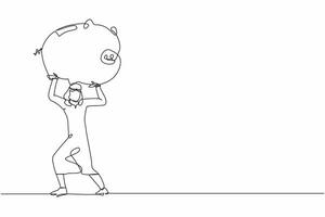 Single continuous line drawing Arab businessman carrying heavy piggy bank on his back. Male manager with financial problems. Losing money in economic crisis. One line draw design vector illustration