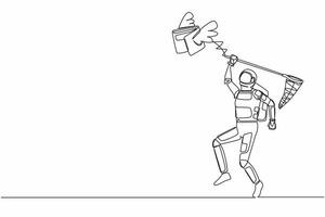 Single one line drawing young astronaut try to catching flying wallet with butterfly net. Losing money in failed spaceship company. Cosmic galaxy space. Continuous line draw design vector illustration