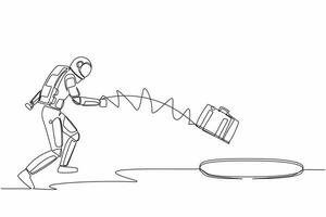 Continuous one line drawing astronaut throws briefcase into hole. Failure to take advantage of space business opportunities. Cosmonaut outer space. Single line draw graphic design vector illustration