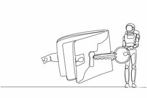 continuo uno línea dibujo de astronauta poner llave dentro billetera. dinero proteccion y financiero seguridad para seguro astronave lanzamiento. cosmonauta exterior espacio. soltero línea dibujar diseño vector ilustración