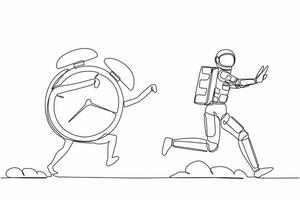 Continuous one line drawing astronaut being chased by alarm clock. Hurry in expedition deadline project. Running out of working time. Cosmonaut outer space. Single line draw design vector illustration