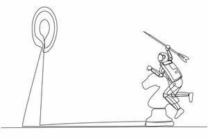 Continuous one line drawing of astronaut holding huge dart and targeting dartboard while riding big chess horse knight piece. Cosmonaut outer space. Single line draw design vector graphic illustration