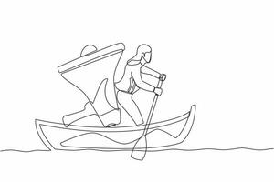 Single one line drawing businesswoman sailing away on boat with megaphone. Command leader, control through megaphone, leadership and teamwork. Continuous line draw design vector graphic illustration