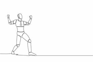 Single continuous line happy robot standing with raised his clenched fist hands. Future robotic development. Artificial intelligence machine learning process. One line draw design vector illustration