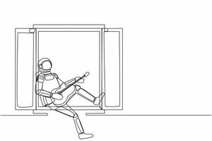 Single continuous line drawing young astronaut sitting on windowsill playing guitar, sing song in moon surface. Relaxation, comfort, romantic. Cosmonaut deep space. One line design vector illustration